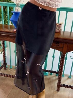 Lisa Says Gah Black Sheer Midi Skirt with Embroidered Pink Bow Accents